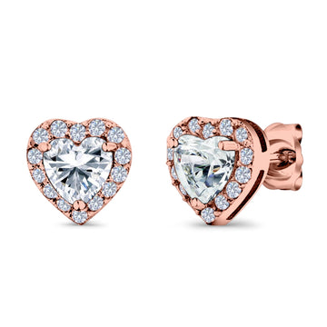 14K Rose Gold Heart Shape Wedding Stud Earrings Simulated Cubic Zirconia (10mm)